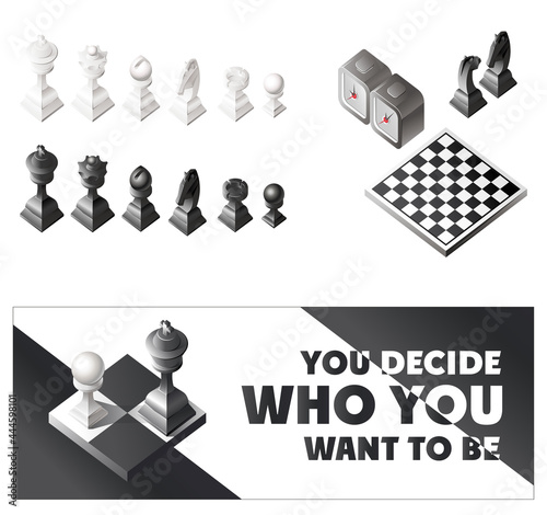 Chess isometric background with white and black figures on game board, control clock, vector illustration