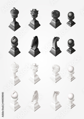 3D isometric black chess figures. Vector illustration.
