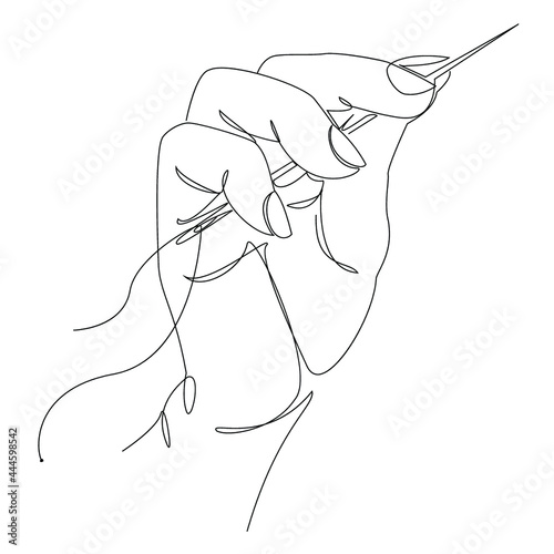 Silhouettes of a human hand that sews with a needle and thread in a modern style of one line. Continuous line drawing, outline for decor, posters, wall art, stickers, logo. Vector illustration.