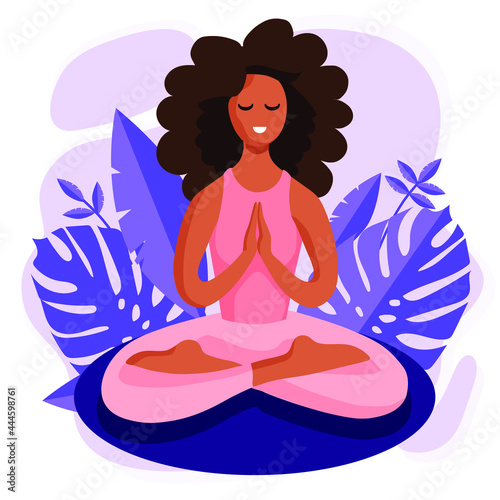 Young beautiful african american black woman sitting in lotus with purple tropical monstera leaves on the background. Yoga concept vector illustration.