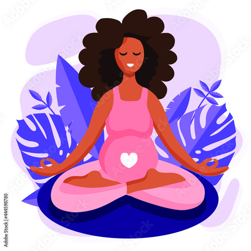 Young beautiful pregnant african american black woman sitting in lotus with purple tropical monstera leaves on the background. Yoga concept vector illustration.
