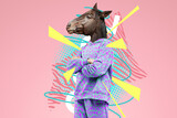 Modern design, a human body with a horse's head, prudence, confidence. Bright trendy colors, shocking art, style for a magazine, fashionable web design. copy space.