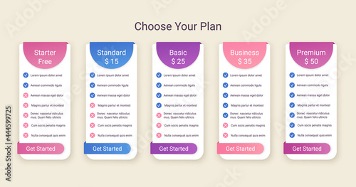 Price table template. Comparison chart layout. Vector. Pricing data grid. Comparative subscription with 5 columns. Checklist tariff. Spreadsheet page with options. Purchase menu. Simple illustration.