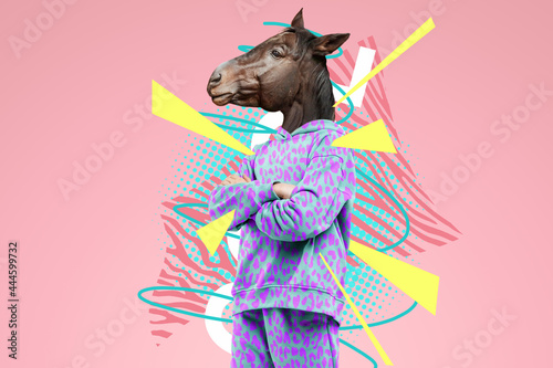 Modern design, a human body with a horse's head, prudence, confidence. Bright trendy colors, shocking art, style for a magazine, fashionable web design. copy space. photo