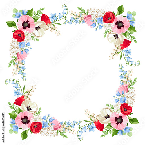 Vector floral frame with red, pink, blue and white poppy, bluebell, lilac and lily-of-the-valley flowers.