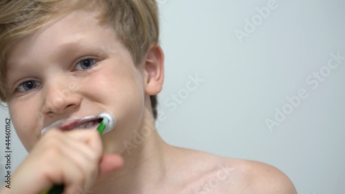 Wallpaper Mural cheerful little boy brushing teeth in front of the bathroom mirror Torontodigital.ca