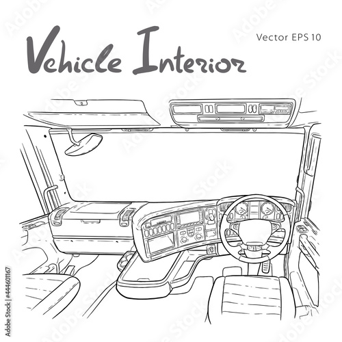 Interior of the truck cab. Freehand vector illustration