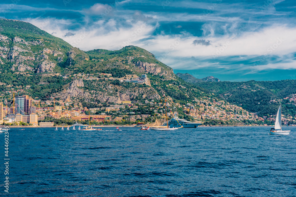 Monte - Carlo city and port, panoramic view from the sea. landmark of Monaco, port Hercules, port Fontvieille. Monaco is a country on the French Riviera near France and Italy in Europe. 