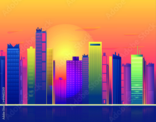 Day city in the Sunset Time, Design in bright neon colors. The building reflected in the water. Vector illustration