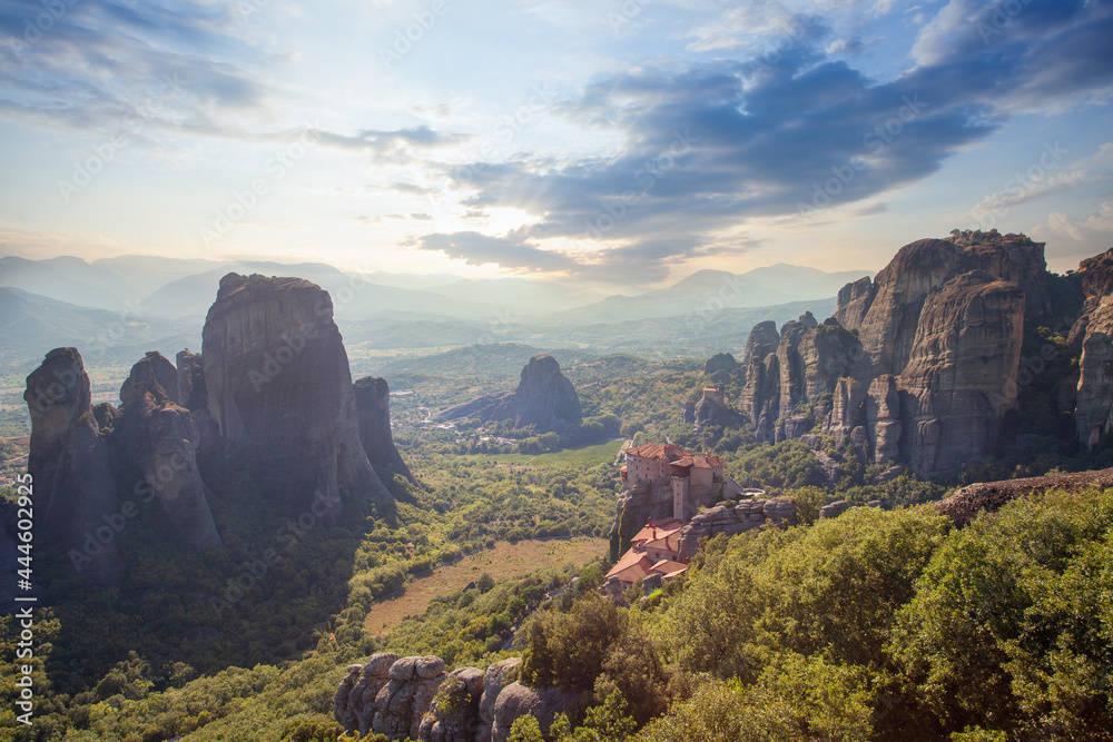 Wonderful Panoramic view of Meteora valley. Sunny landscape with colorful sky over the mountain valley in Greece, Europe