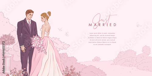 Wedding horizontal banner design template. Cute young married couple fashion beautiful bride with bouquet and handsome groom in stylish suit. Hand drawn vector illustration