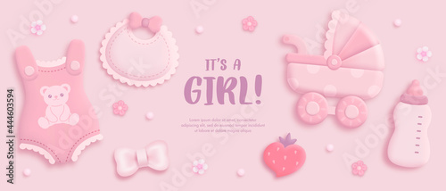 Baby shower invitation with cartoon baby carriage, bib, bottle, clothes, helium balloons and flowers on pink background. It's a girl. Vector illustration