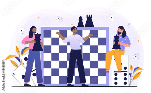 Young male and female characters are playing board games, card games and dice. Concept of board game, leisure time activity, whole family activity. Flat cartoon vector illustration