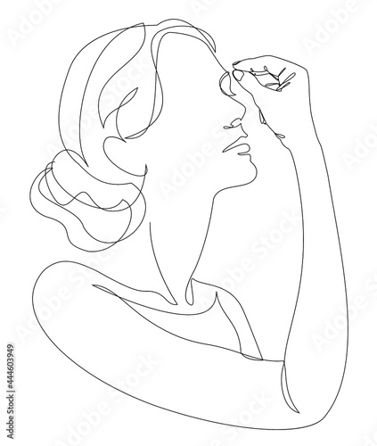 Silhouettes of lady, woman crosses her forehead in modern one line style. Continuous line drawing, aesthetic outline for home decor, posters, wall art, stickers, logo. Vector illustration.