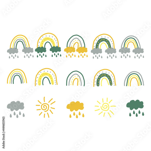 abstract rainbow hand drawn set in boho style. trending colors 2021.doodle.