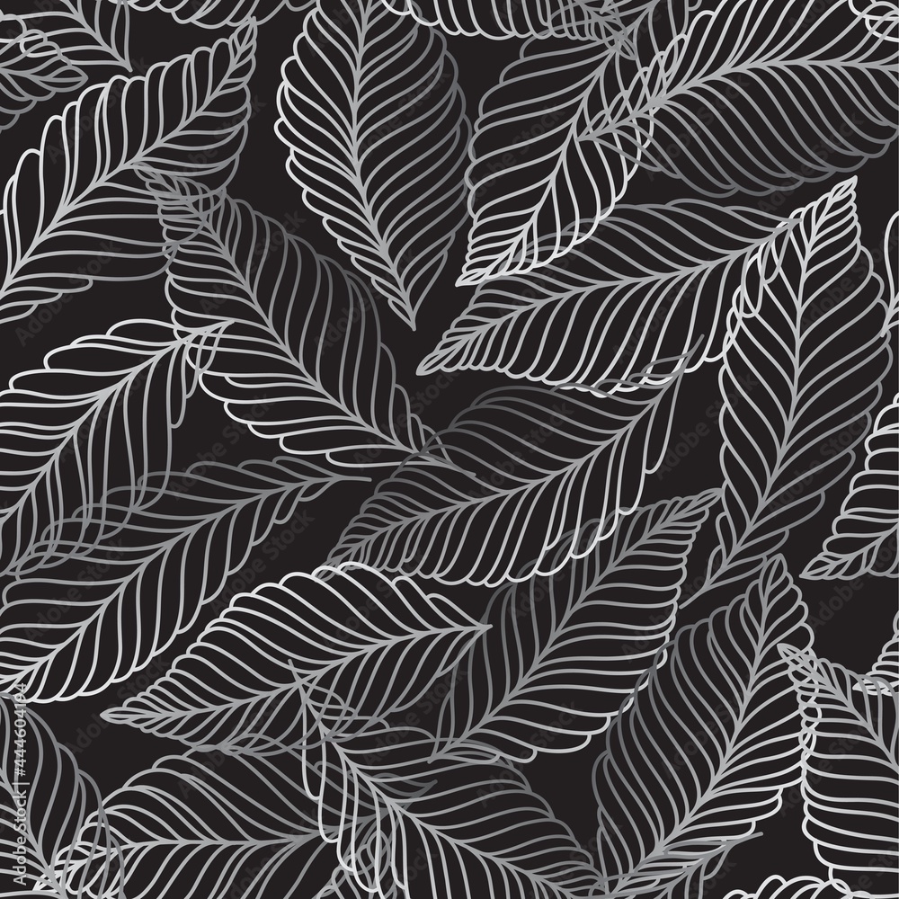 seamless black  abstract  floral background with white  leaves. Thin lines are drawn with a pencil
