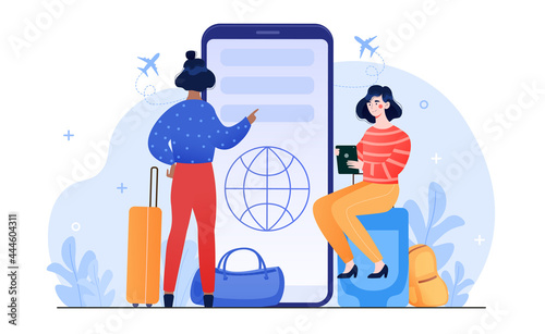 Two female characters are booking trip on smartphone together. Women with luggage book travel on smartphone. Trip planning. Concept of online reservation of tickets. Flat cartoon vector illustration