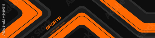 Black abstract wide horizontal banner with orange and gray lines, arrows and angles. Dark modern sporty bright futuristic horizontal abstract background. Wide vector illustration EPS10. photo