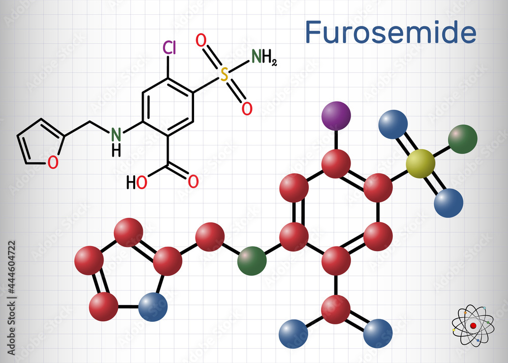 Furosemide, Frusemide molecule. Diuretic drug, is used to treat hypertension and edema. Structural chemical formula and molecule model. Sheet of paper in a cage Furosemide, Frusemide molecule. Diuretic drug, is used to treat hypertension and edema. Structural chemical formula and molecule model. Sheet of paper in a cage