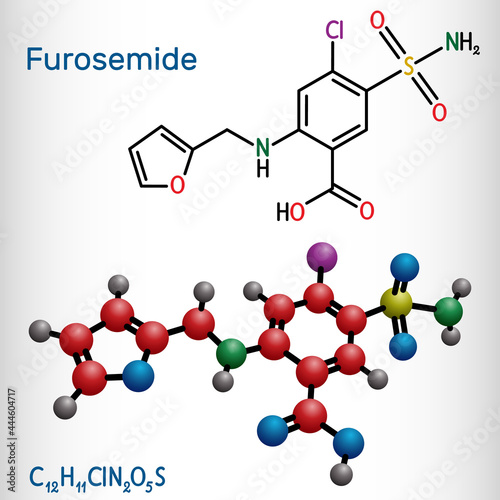 Furosemide, Frusemide molecule. Diuretic drug, is used to treat hypertension and edema. Structural chemical formula and molecule model