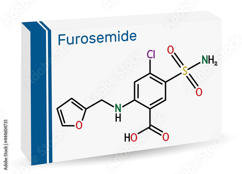 Furosemide, Frusemide molecule. Diuretic drug, is used to treat hypertension and edema. Skeletal chemical formula. Paper packaging for drugs