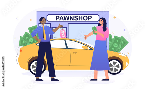 Female character selling her car in pawnshop. Concept of pawnshop quick cash collateral loan for automobile. Female customer getting bag of money in exchange for car. Flat cartoon vector illustration