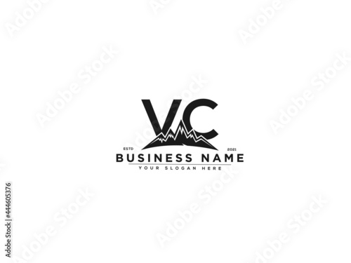 Letter VC Logo, line art vc mountain logo icon vector for river forest hill landscape typography image design