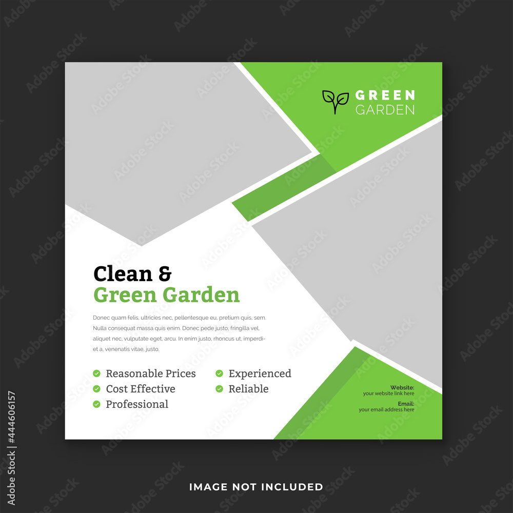 Lawn care Instagram post template. Clean & green gardening service social media post design.  