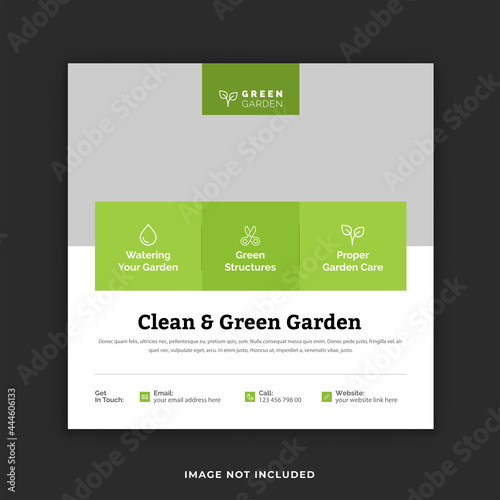 Lawn care Instagram post template. Clean & green gardening service social media post design. 