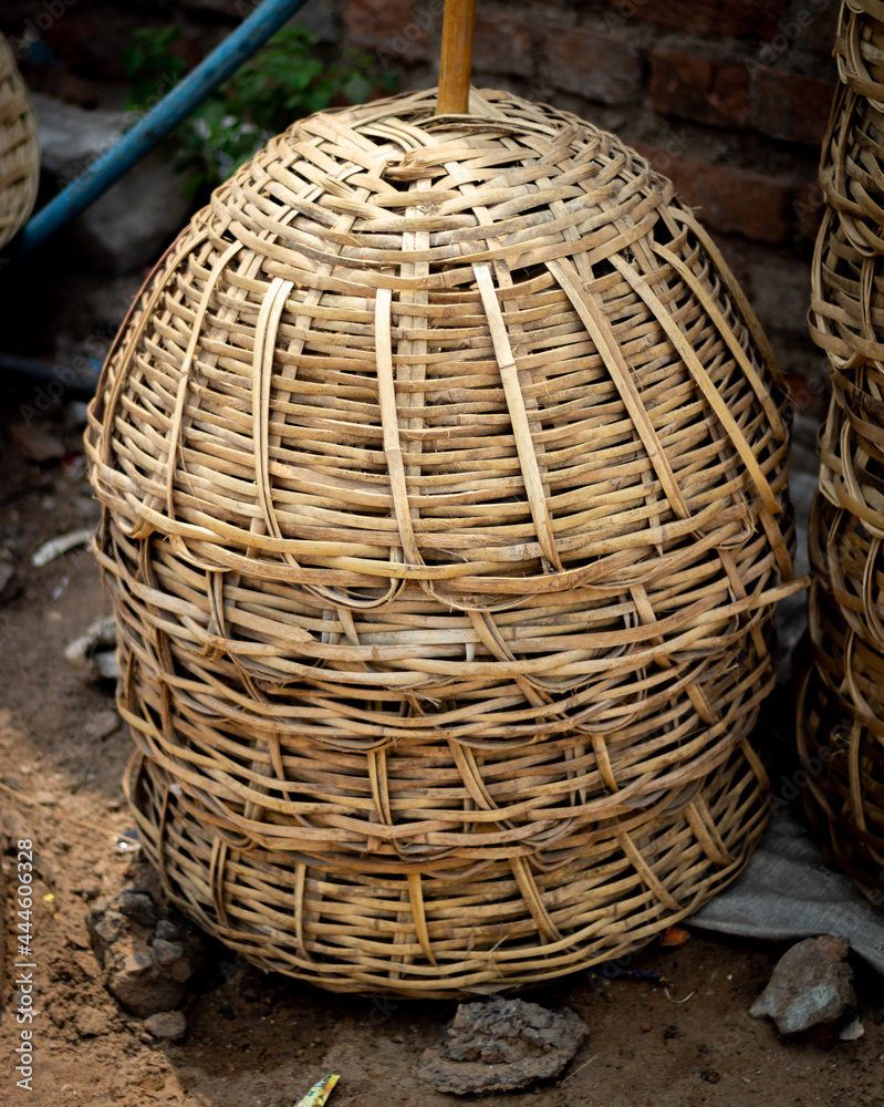 A stack of handmade baskets