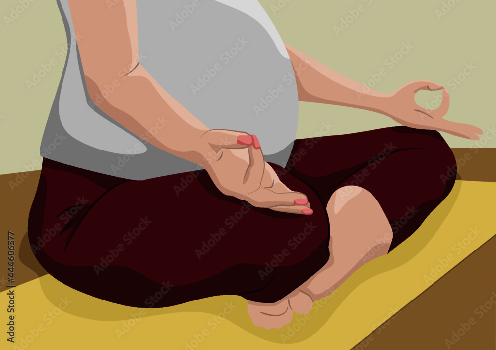 Biała kobieta w ciąży medytująca w pozycji lotosu. Troska o zdrowie w ciąży, zdrowy ruch, oddech, relaks. Przygotowanie do porodu. Wektorowa ilustracja.