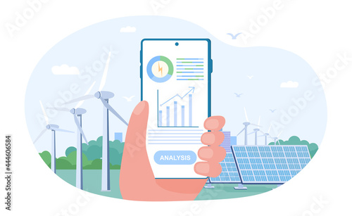 Hand holding mobile smartphone with electricity energy usage monitoring application. Concept of sustainable renewable power plant storage station with solar panel. Flat cartoon vector illustration.