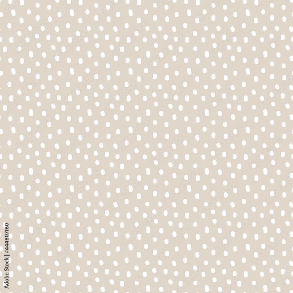 Vintage Polka Dot seamless pattern. White irregular spots, scattered various shape specks on beige background. Abstract vector texture for nursery print design, fashion textile, fabric, scrapbooking