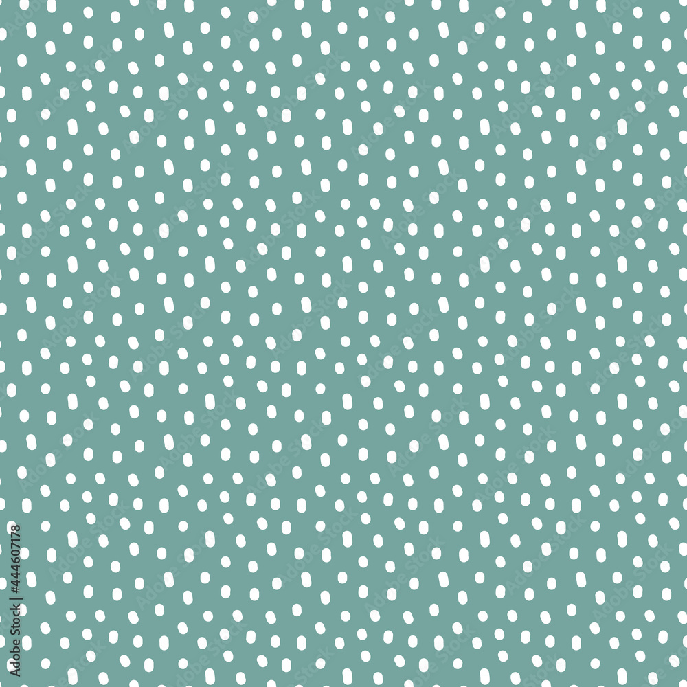 Vintage Polka Dot seamless pattern. White irregular spots, scattered various shape specks on green background. Abstract vector texture for nursery print design, fashion textile, fabric, scrapbooking