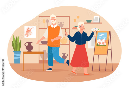 Elderly couple is participating in painting and pottery class together. Concept of old people living full life and attending art class for seniors. Flat cartoon vector illustration