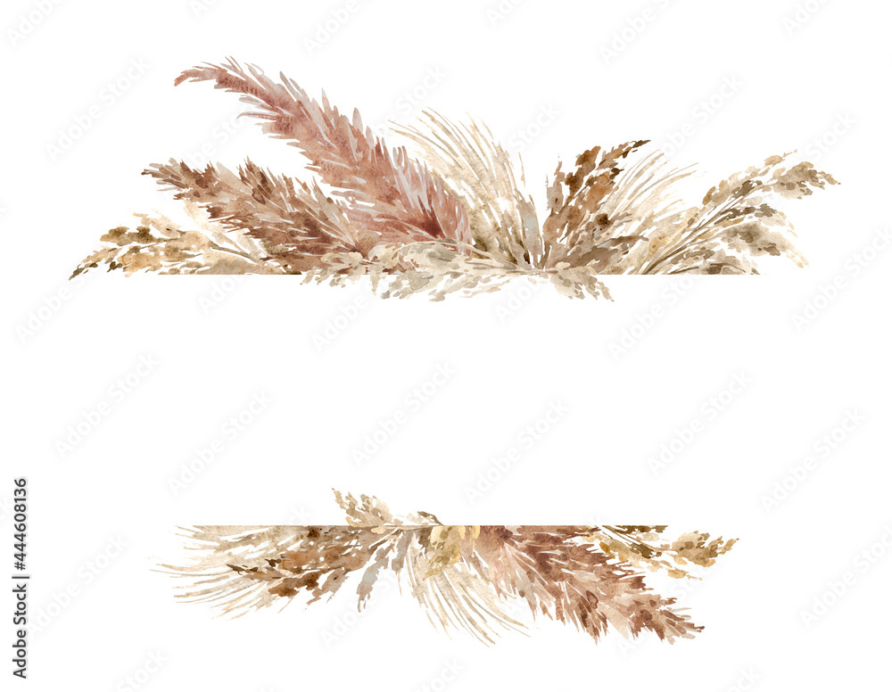 Pampas grass border painted with watercolor. Boho neutral colors frame