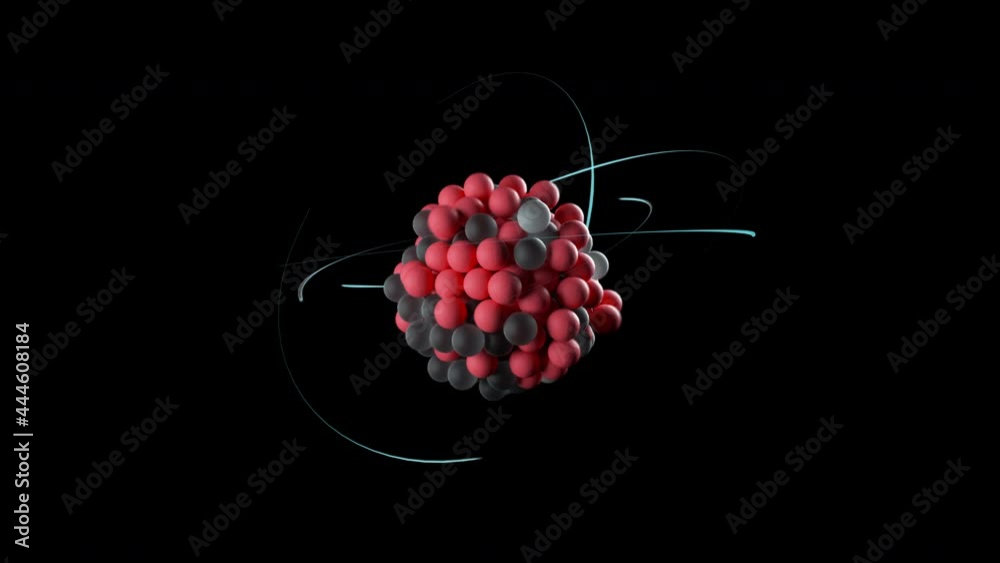 Unstable uranium atom, nucleus composed of neutrons and protons and spin electrons orbiting around it, 3D rendering of standard atomic model. Particle physics concept