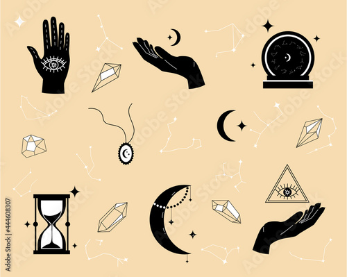 Magical items for fortune telling and astrology in a modern style, numerology and esoterica. Vector illustration