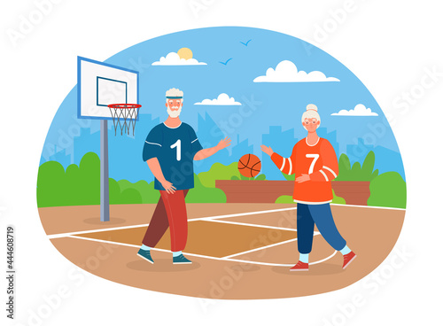 Elderly grey couple is playing basketball together. Concept of outdoor activity for old senior people. Senior people playing ball. Flat cartoon vector illustration