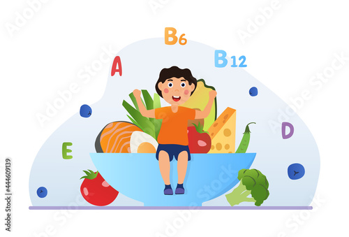 Helathy food makes child grow strong and happy. Healthy kid is showing his fit arm muscles after eating fod full of vitamins. Kid sitting on a plate with food. Flat cartoon vector illustration