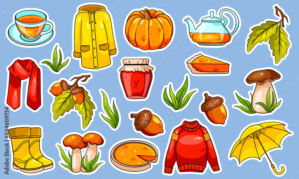 Autumn set. Large collection of autumn items Stickers.