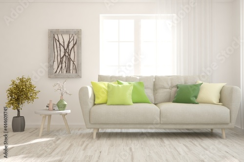 White living room with sofa. Scandinavian interior design. 3D illustration