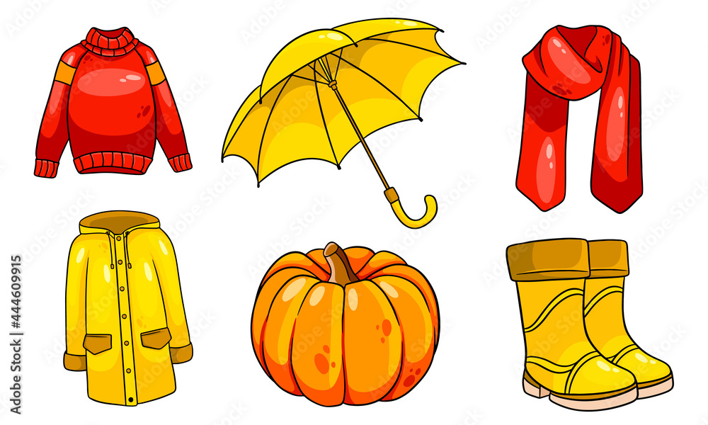 Fototapeta premium Autumn set. Pumpkin, scarf, raincoat, sweater, rubber boots, umbrella.