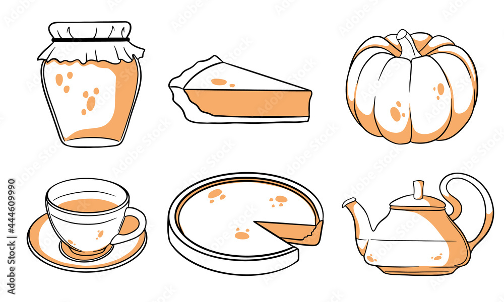 Autumn set. Pumpkin, hot tea, kettle, mug, pumpkin pie, jam. Autumn set. Pumpkin, hot tea, kettle, mug, pumpkin pie, jam.