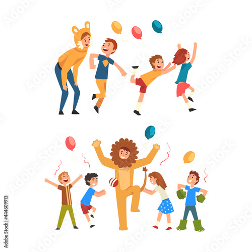 Holiday Party Actor or Entertainer Wearing Costume of Cat and Lion Playing with Kids Vector Set