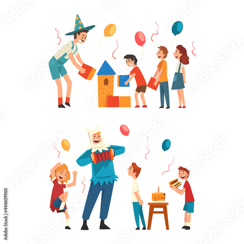 Holiday Party Actor or Entertainer Wearing Costume of Magician and Jester Playing with Kids Vector Set