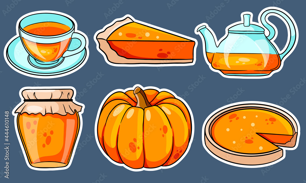 Autumn set. Pumpkin, hot tea, kettle, mug, pumpkin pie, jam. Stickers. Autumn set. Pumpkin, hot tea, kettle, mug, pumpkin pie, jam. Stickers.