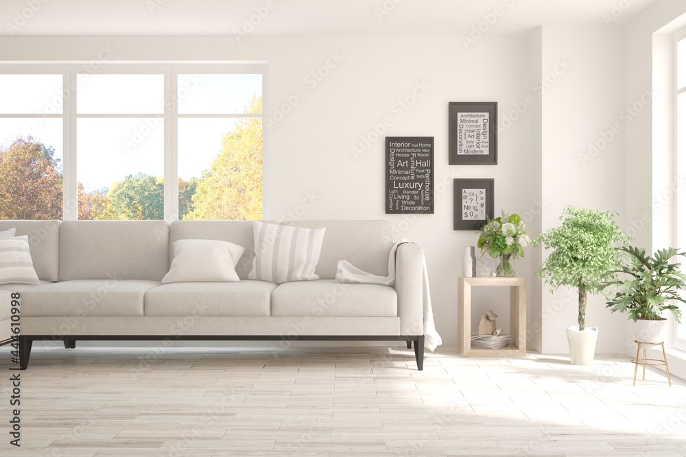 Stylish room in white color with sofa and autumn landscape in window. Scandinavian interior design. 3D illustration Stylish room in white color with sofa and autumn landscape in window. Scandinavian interior design. 3D illustration