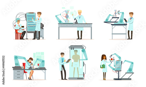 People Scientist Character in Innovation Laboratory Conducting Experiment with Robot Assistance Vector Set