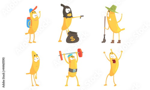 Cute Humanized Banana Character Lifting Barbell and Shouting with Fear Vector Set